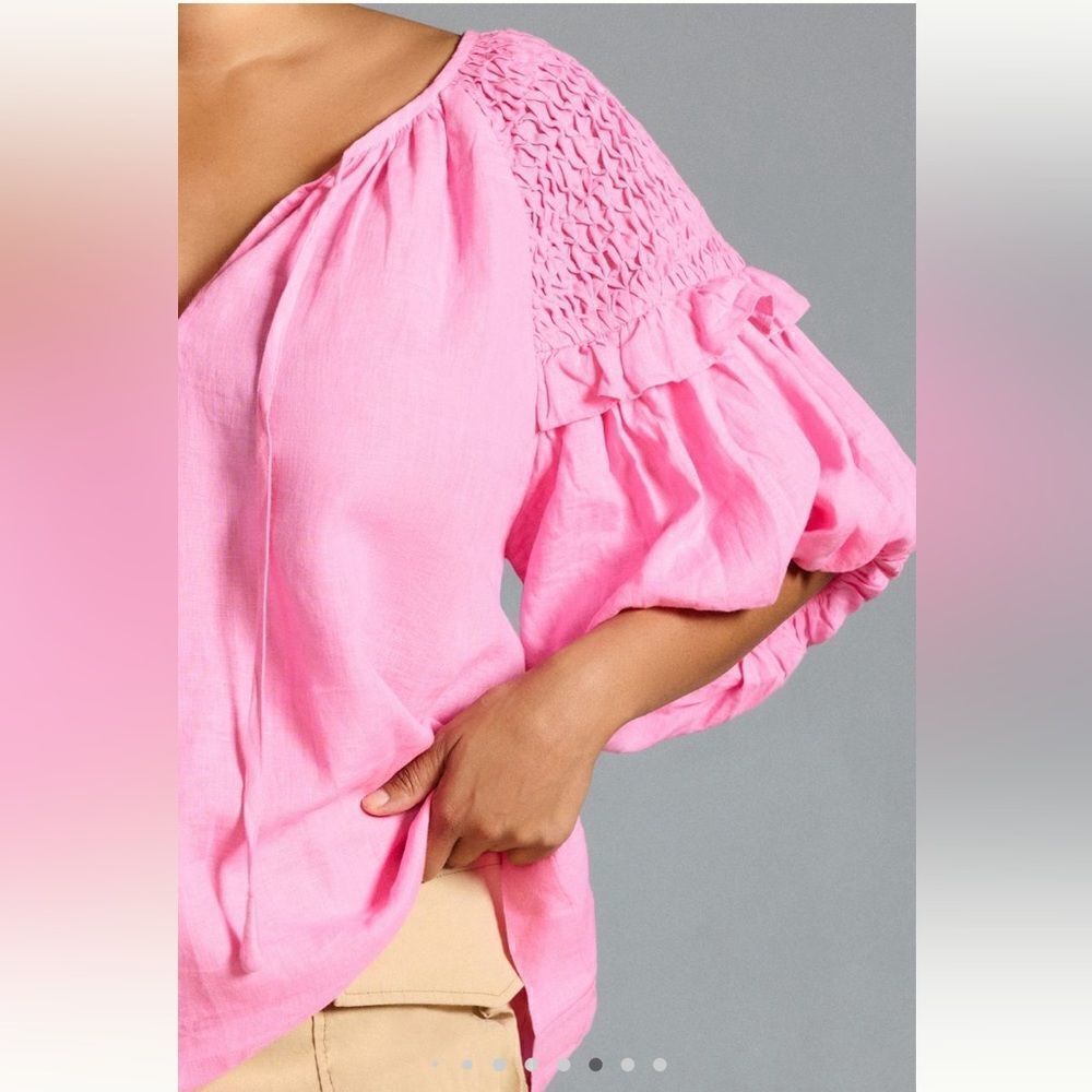 Self Contrast Smocked Linen Blouse - Picture 6 of 9
